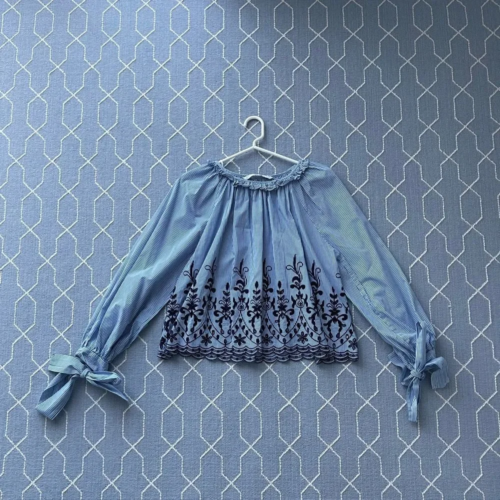 Zara Trafaluc Blue Striped Eyelet Embroidered Tie Sleeve Top Blouse Size M Boho - Picture 1 of 5